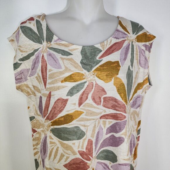 Nicole Miller Top Women's Medium 100% Linen Floral Print Neutral Boho Cap Sleeve - Picture 3 of 8